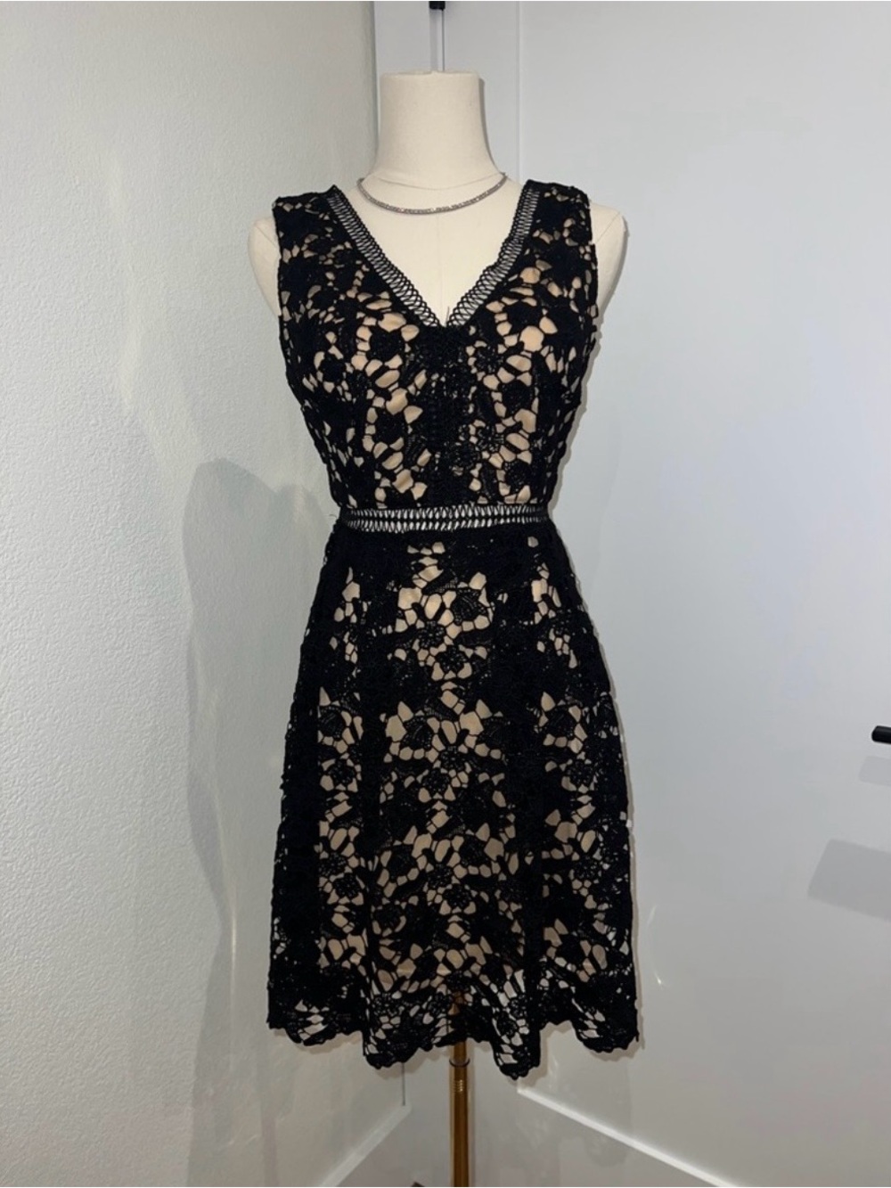 Black Lace V-Neck Mini Dress with Nude Underlay